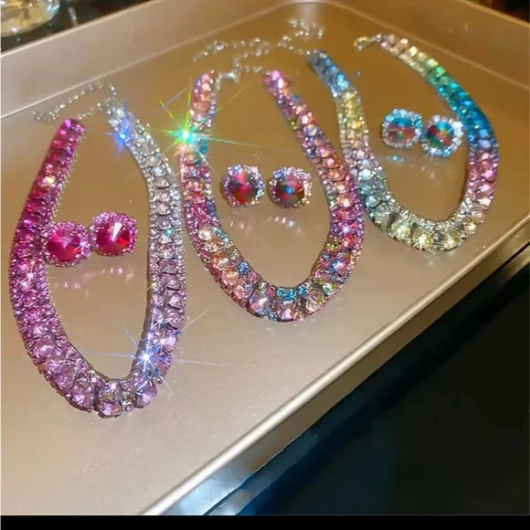 Sparkling Multicolor Rhinestone Necklace and Earring Set - Picture 1 of 9